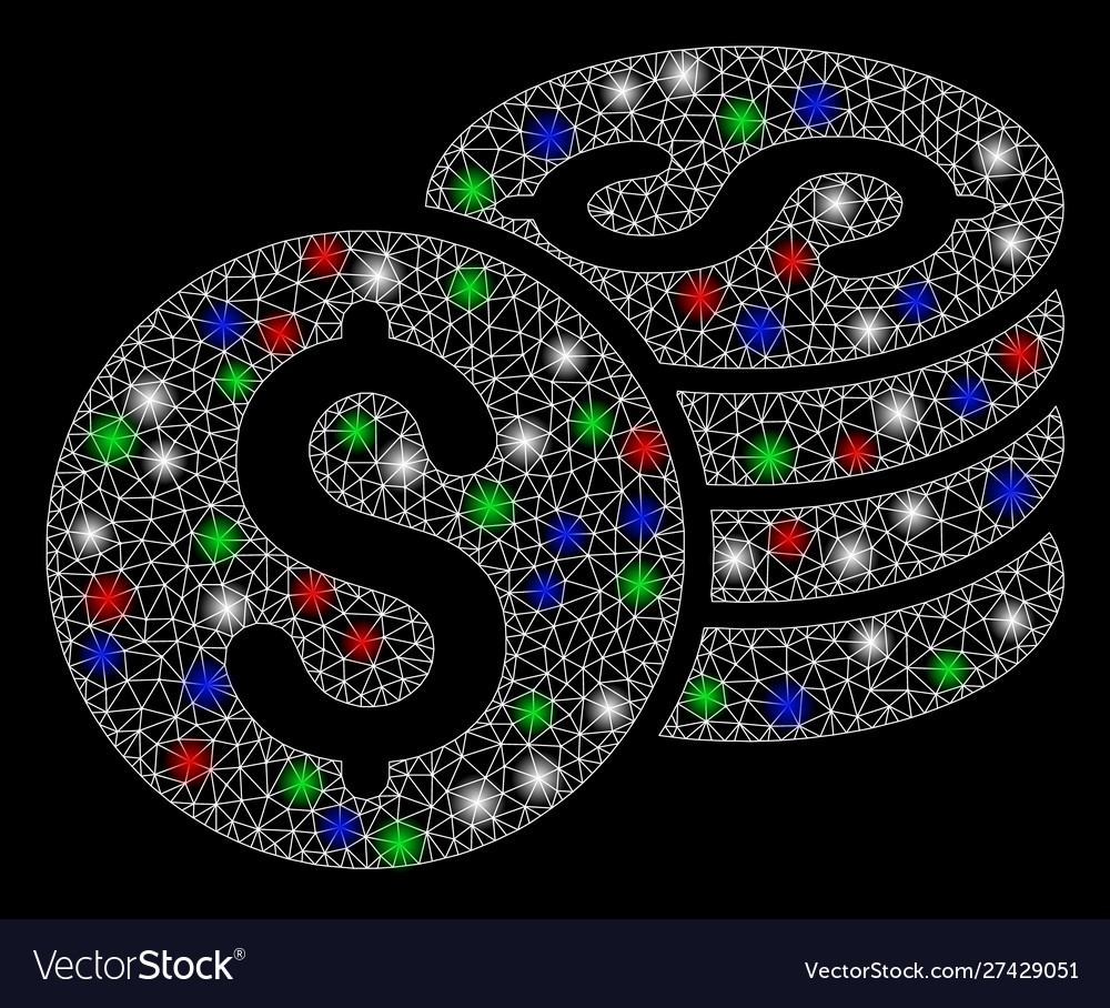 Bright mesh network dollar coin stack with flare vector image Bright mesh network dollar coin stack with flare