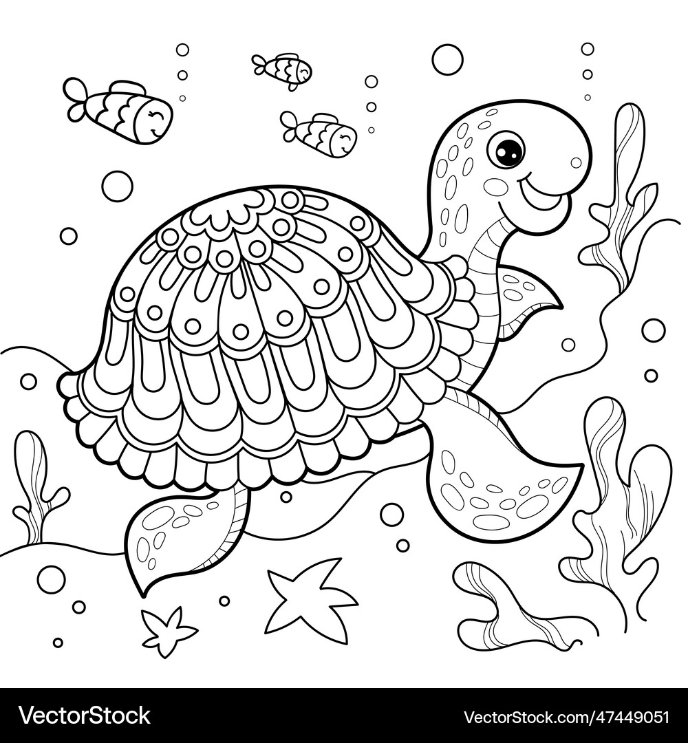 Cheerful sea turtle underwater black and white Vector Image