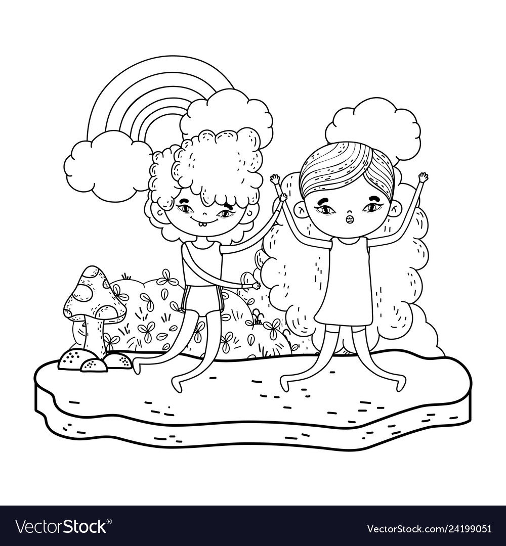 Little kids couple in the landscape Royalty Free Vector