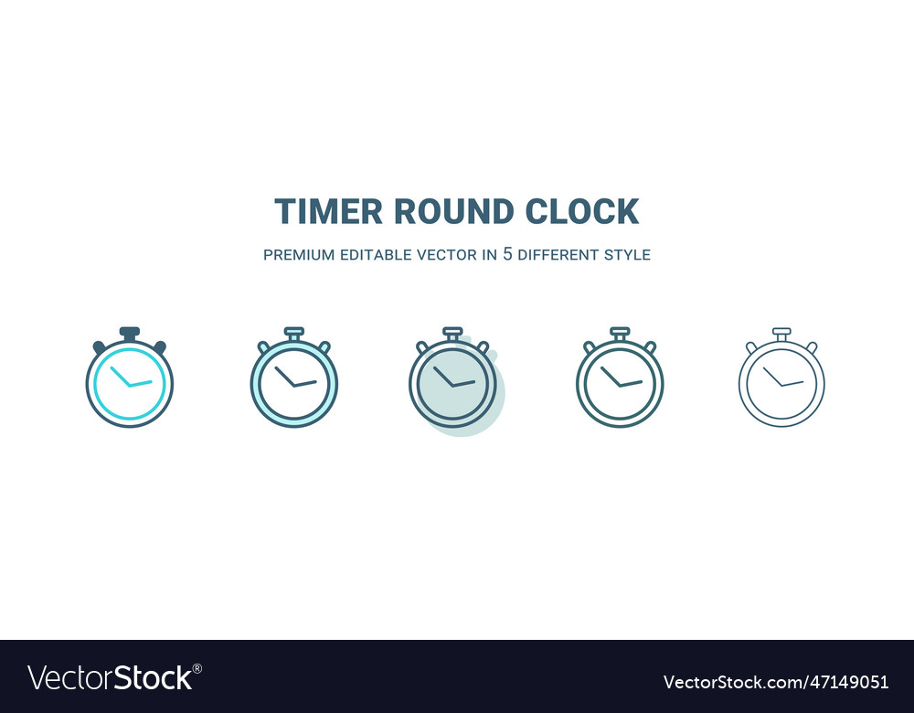 Timer round clock icon in 5 different style vector image Timer round clock icon in 5 different style