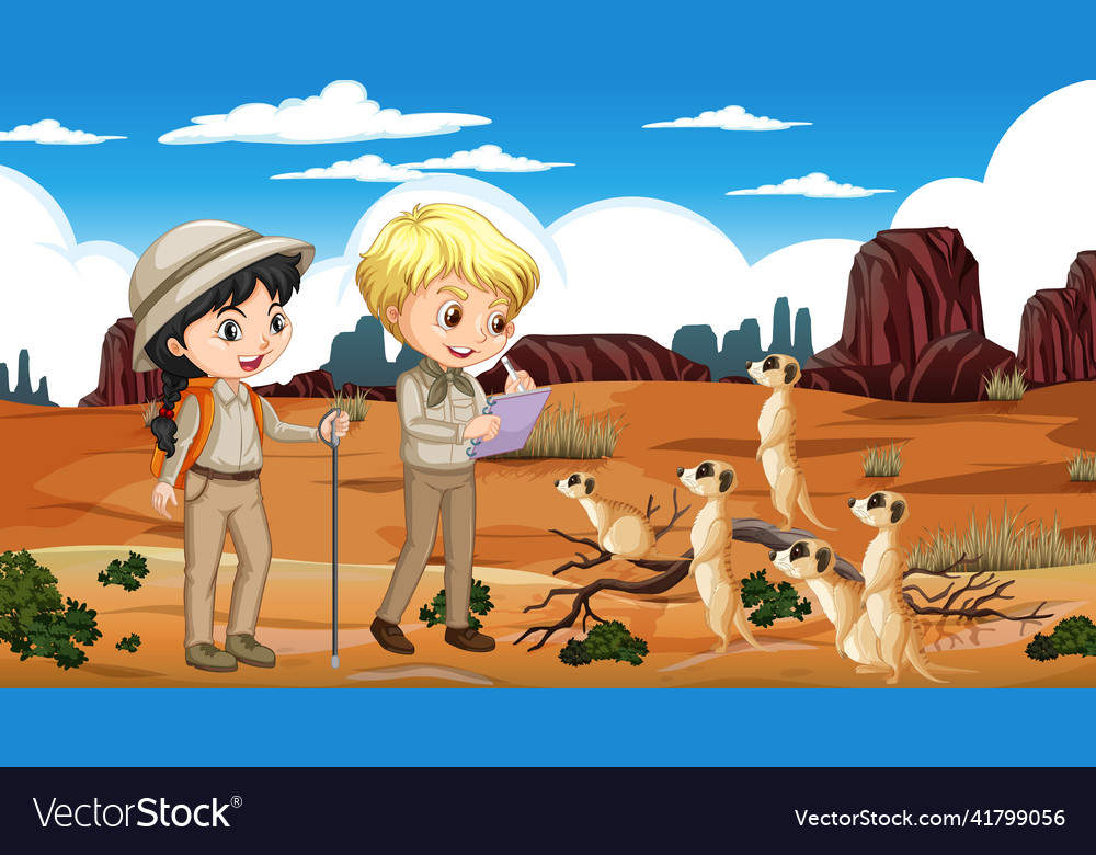 Explorer kids with meerkat group in desert forest