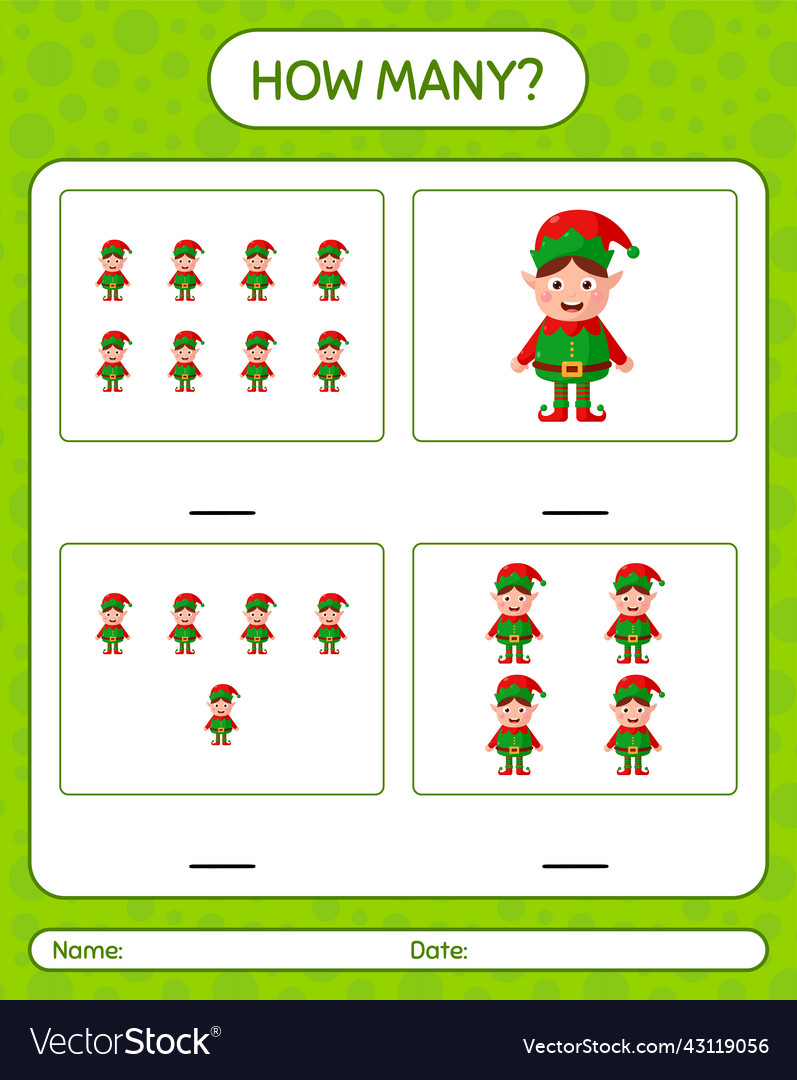 How many counting game with elf worksheet Vector Image How many counting game with elf worksheet