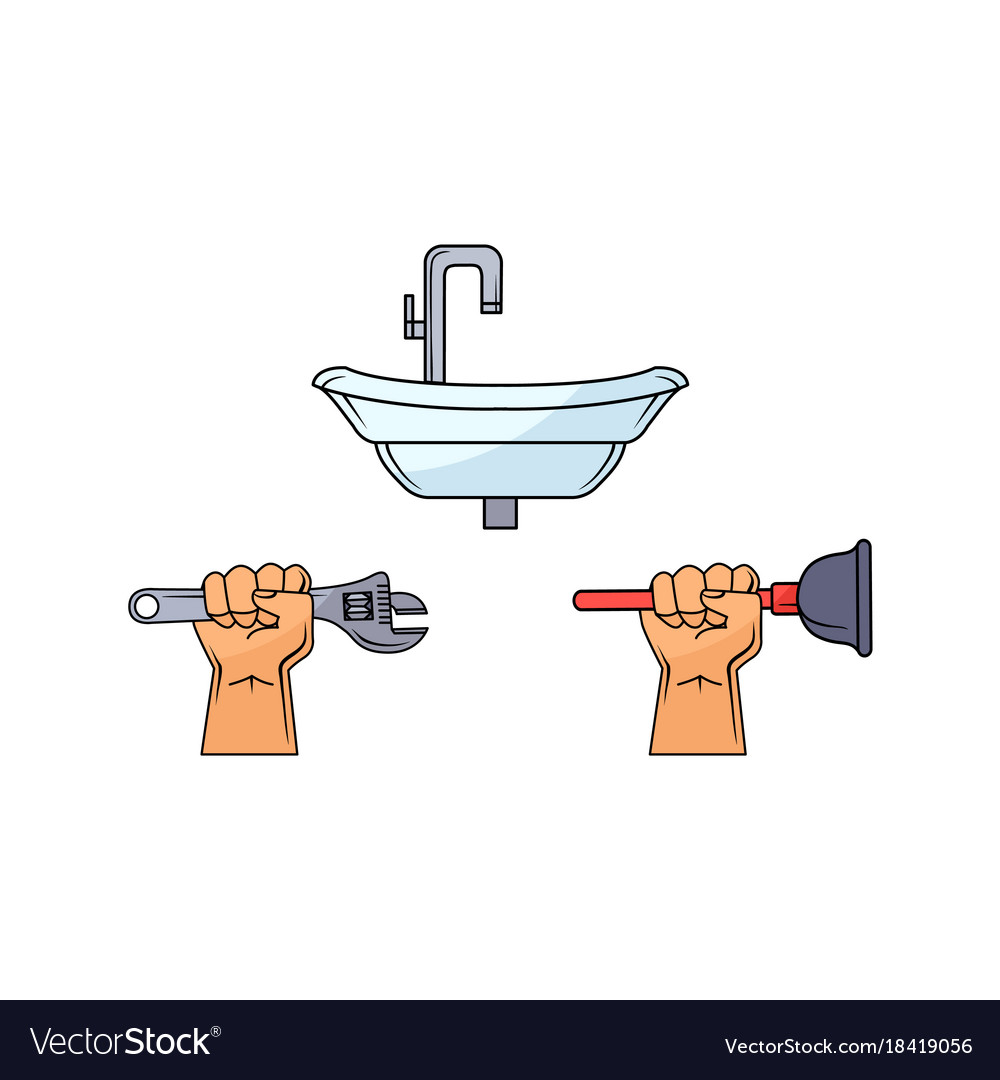 Man hand holding wrench plunger sink