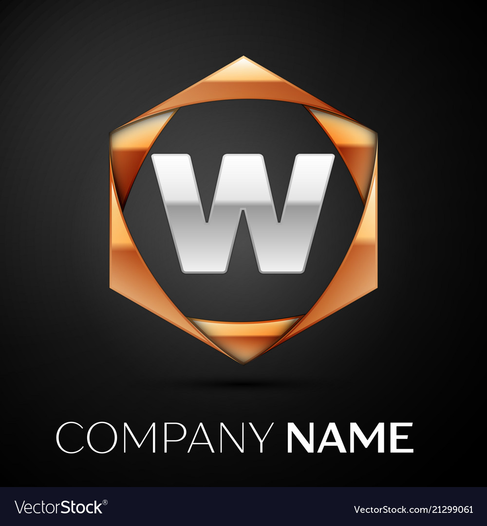 Silver letter w logo symbol in golden hexagonal