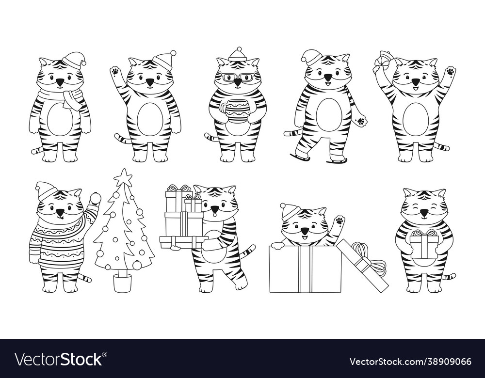 Christmas tiger animal line black character mascot