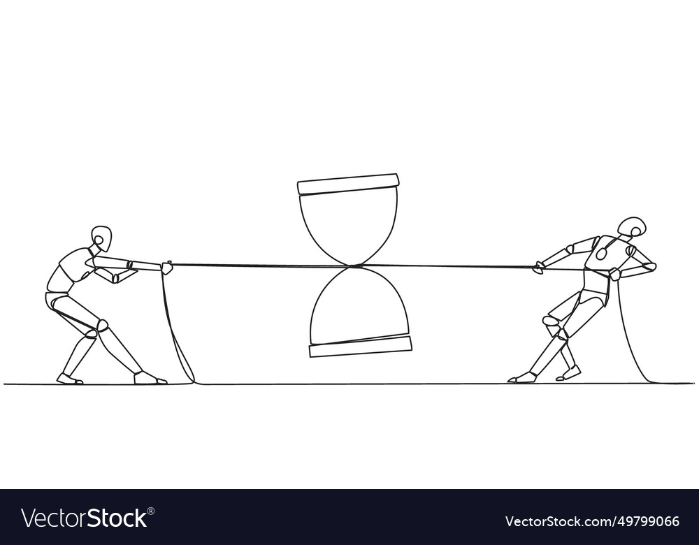 Single one line drawing two smart robots fighting vector image Single one line drawing two smart robots fighting