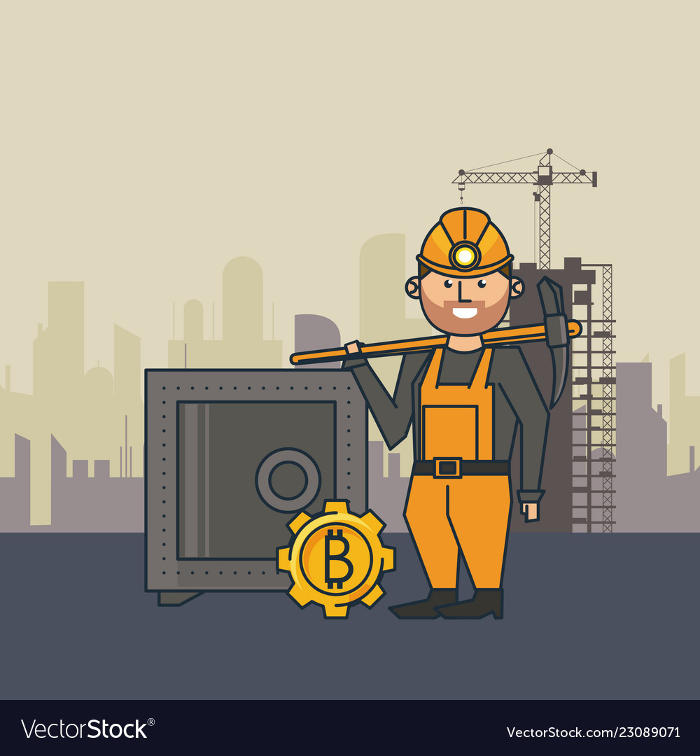 Bitcoin mining strongbox and worker with pick vector image Bitcoin mining strongbox and worker with pick