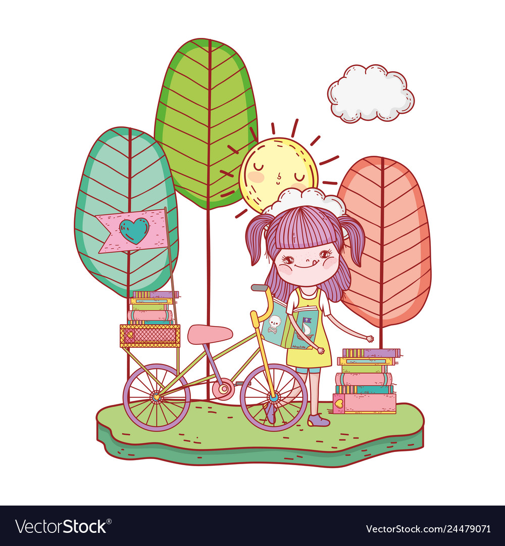 Girl reading book with sun kawaii and bicycle