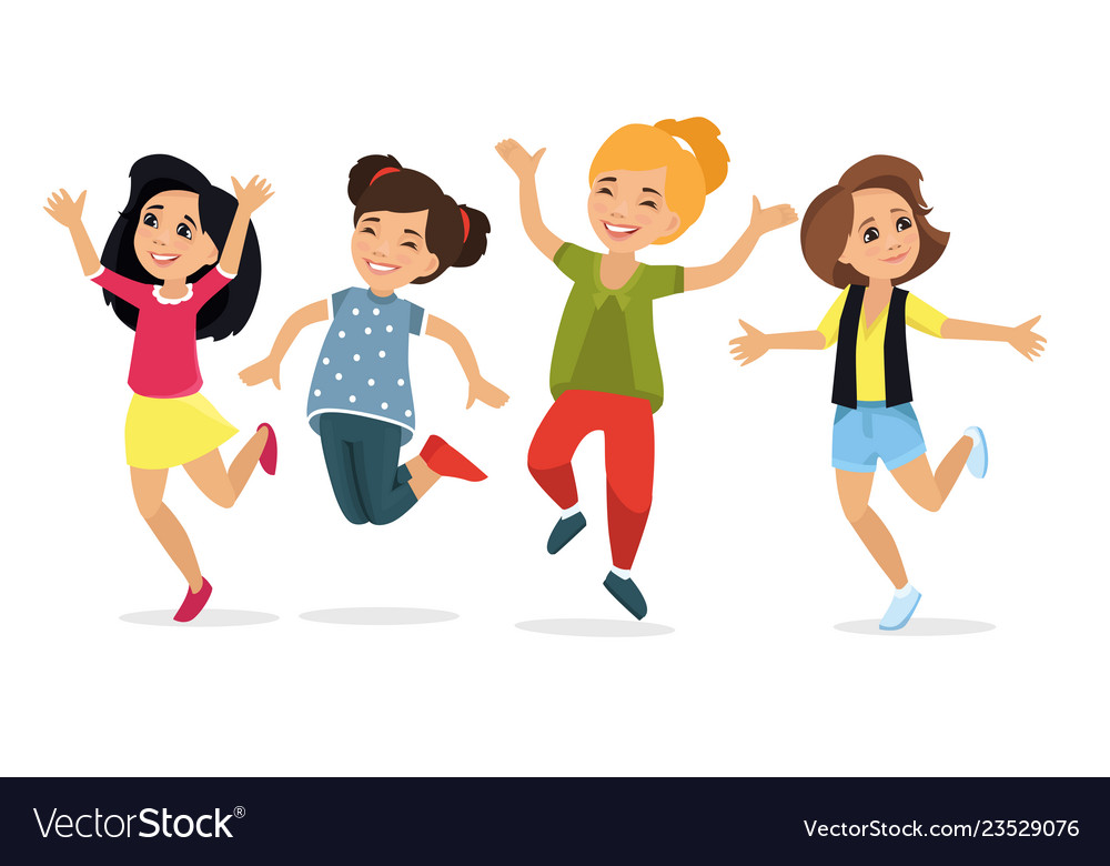 Happy school multiracial children joyfully jumping