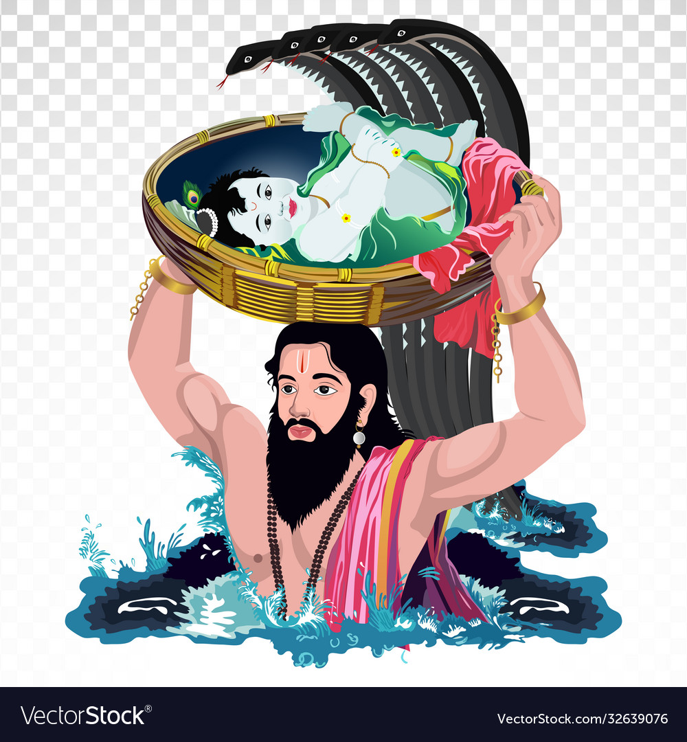 Lord krishana on head his father vasudev Vector Image Lord krishana on head his father vasudev Vector Image