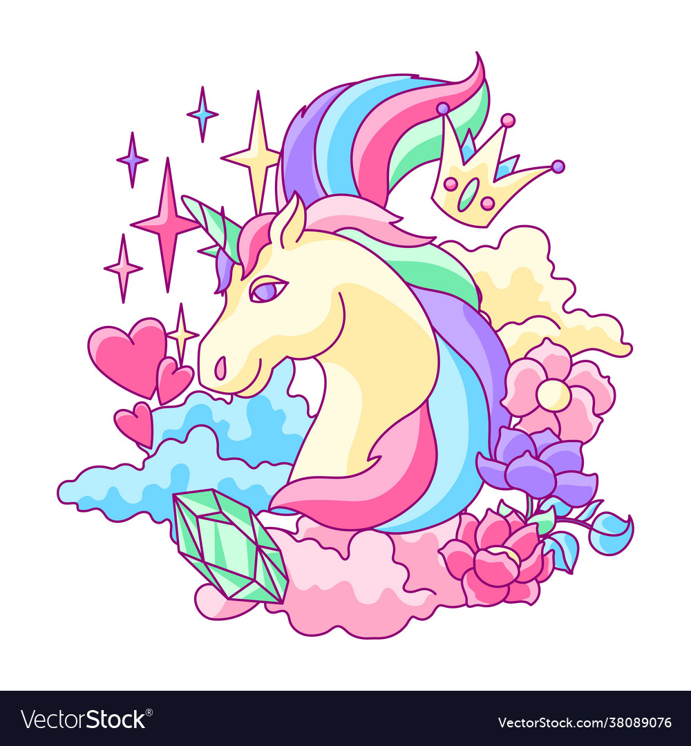 Drucken oder Karte mit Einhorn und Fantasieartikeln vector image Drucken oder Karte mit Einhorn und Fantasieartikeln