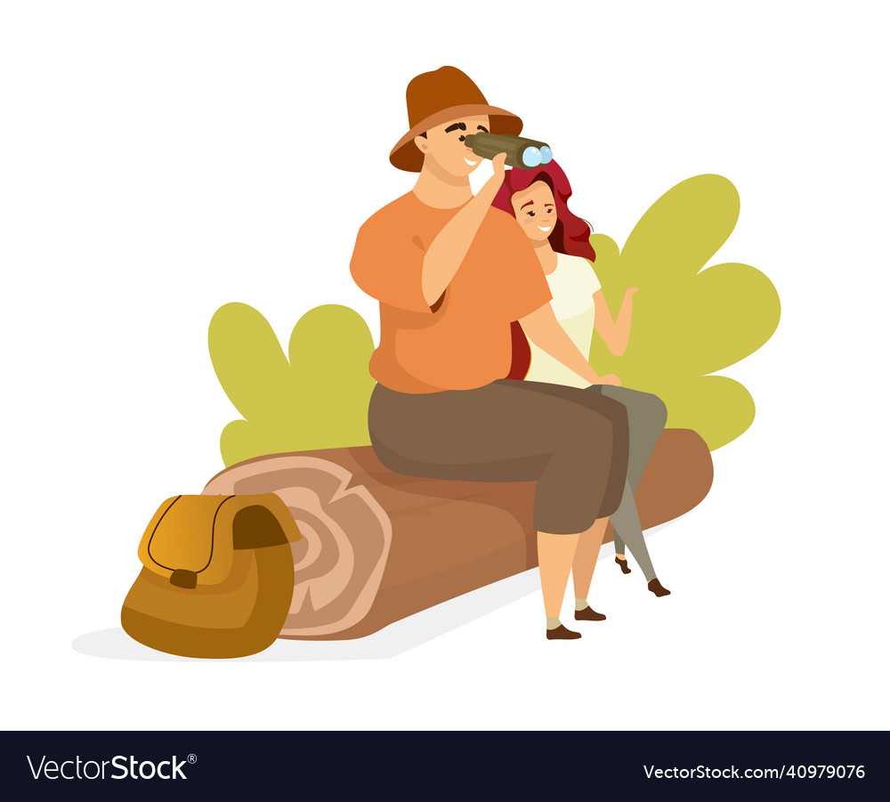 Tourist couple flat color people sitting on tree