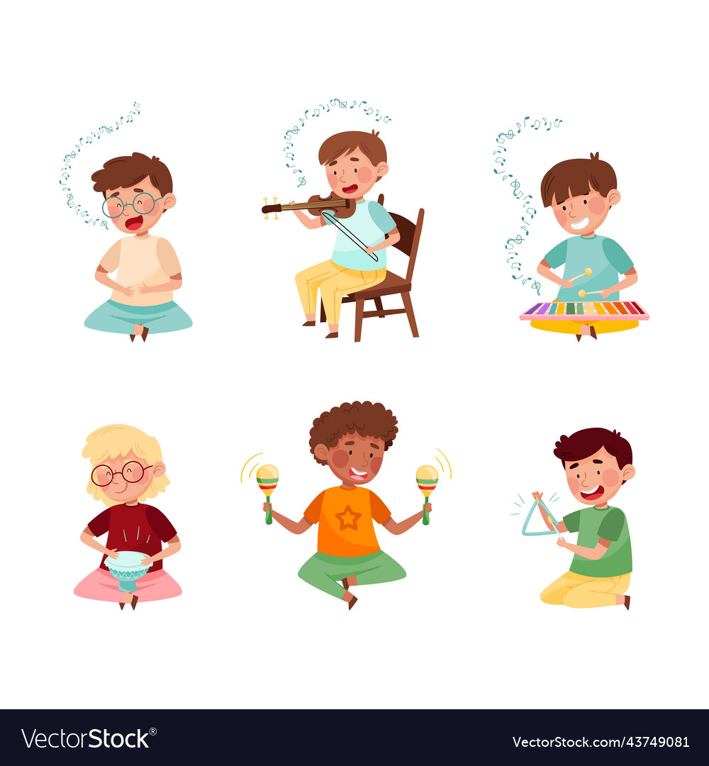 Artistic kids character playing musical instrument