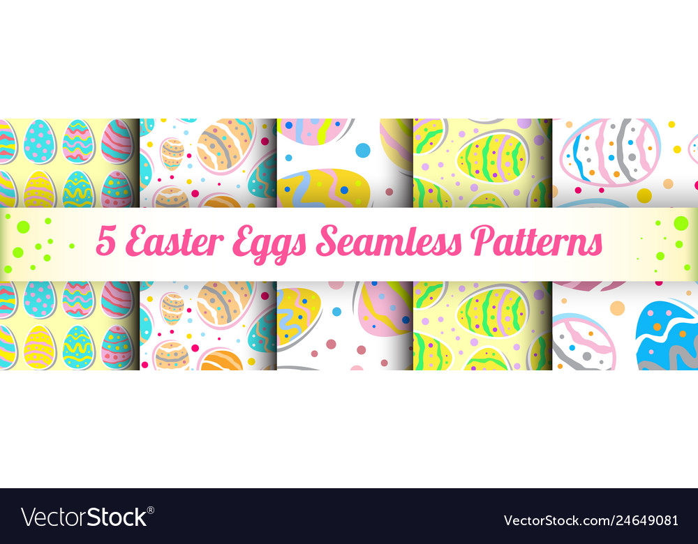 Five colorful patterns with spring easter eggs vector image Five colorful patterns with spring easter eggs