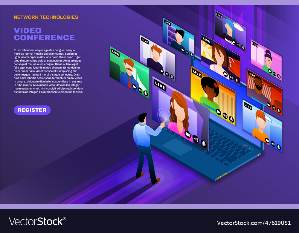 Online video conference webinar register landing Vector Image