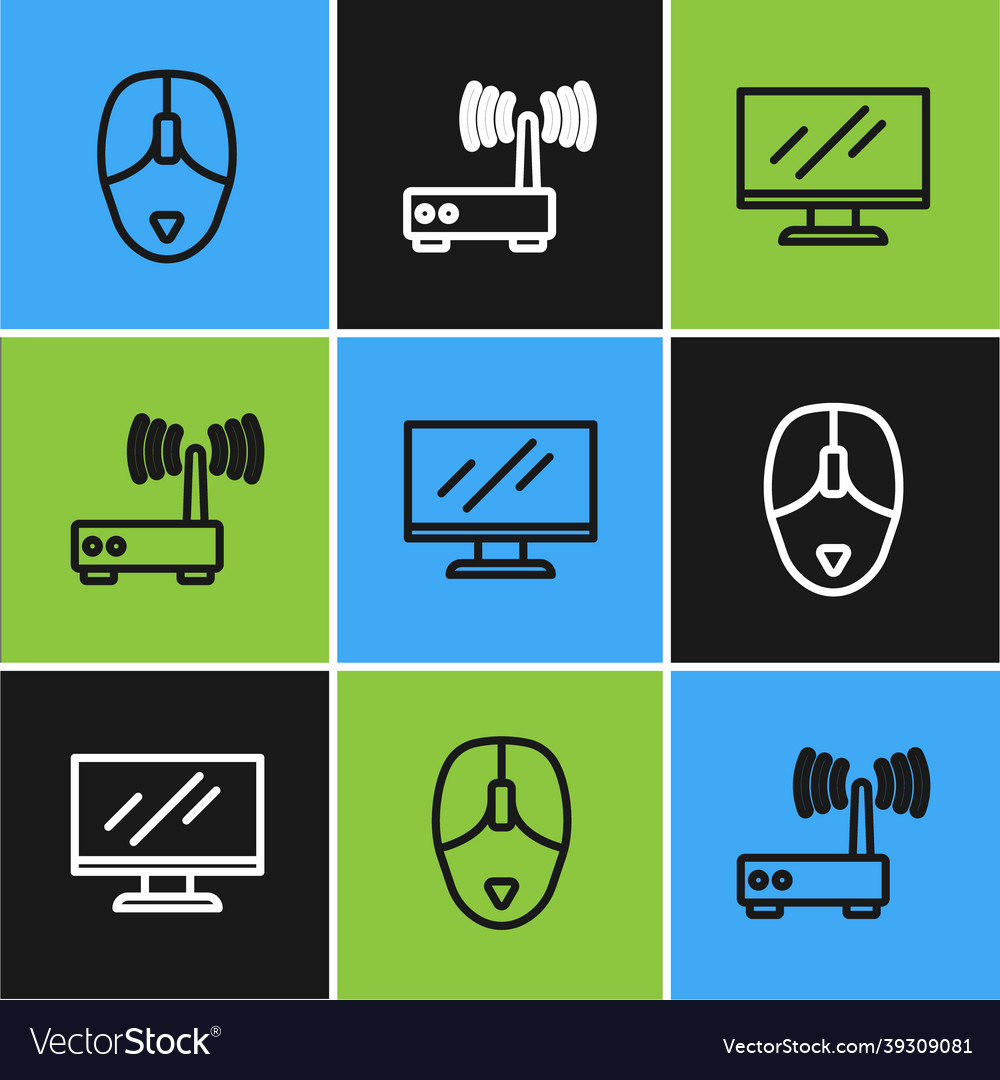Set line computer mouse monitor screen and router vector image Set line computer mouse monitor screen and router