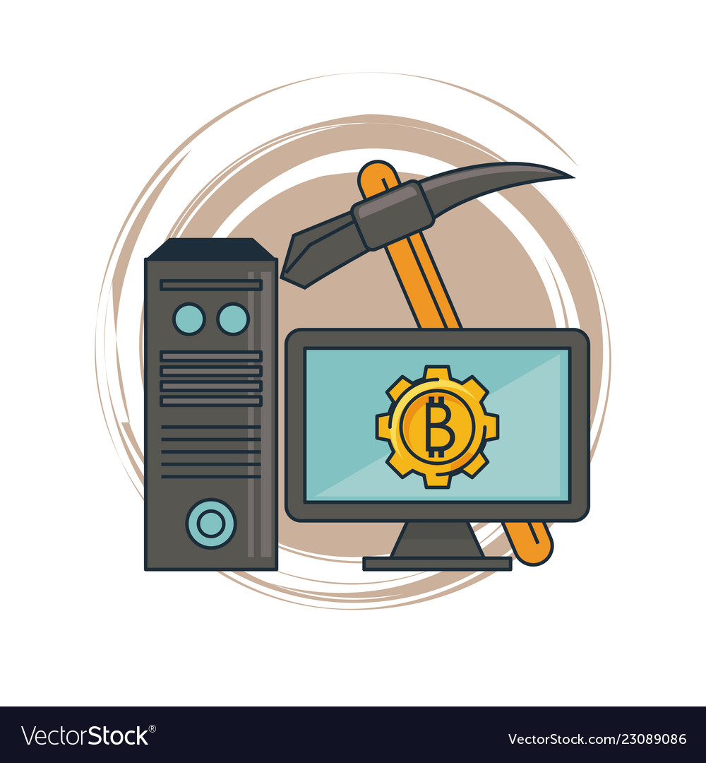 Bitcoin Bergbau von Computer und Pick-Tool vector image Bitcoin Bergbau von Computer und Pick-Tool
