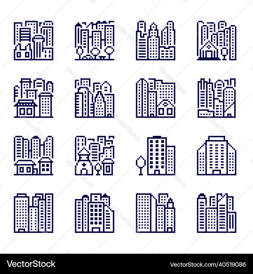 Buildings set icons in pixel style Royalty Free Vector Image