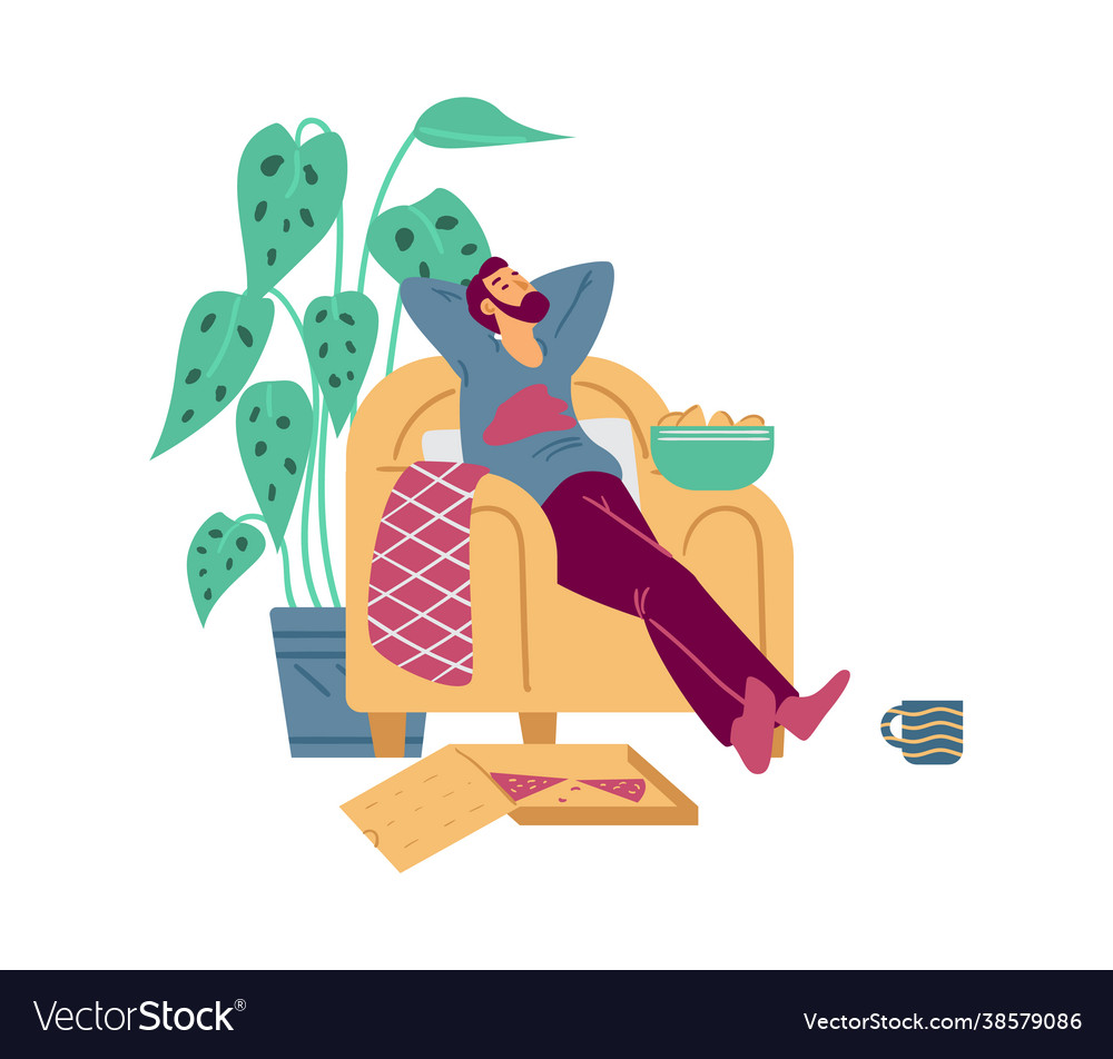 Lazy man napping in chair with fast food flat