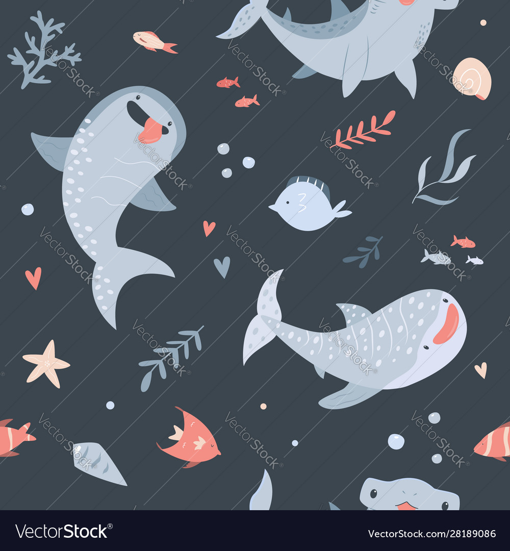 Summer seamless pattern with hand drawn sharks vector image Summer seamless pattern with hand drawn sharks