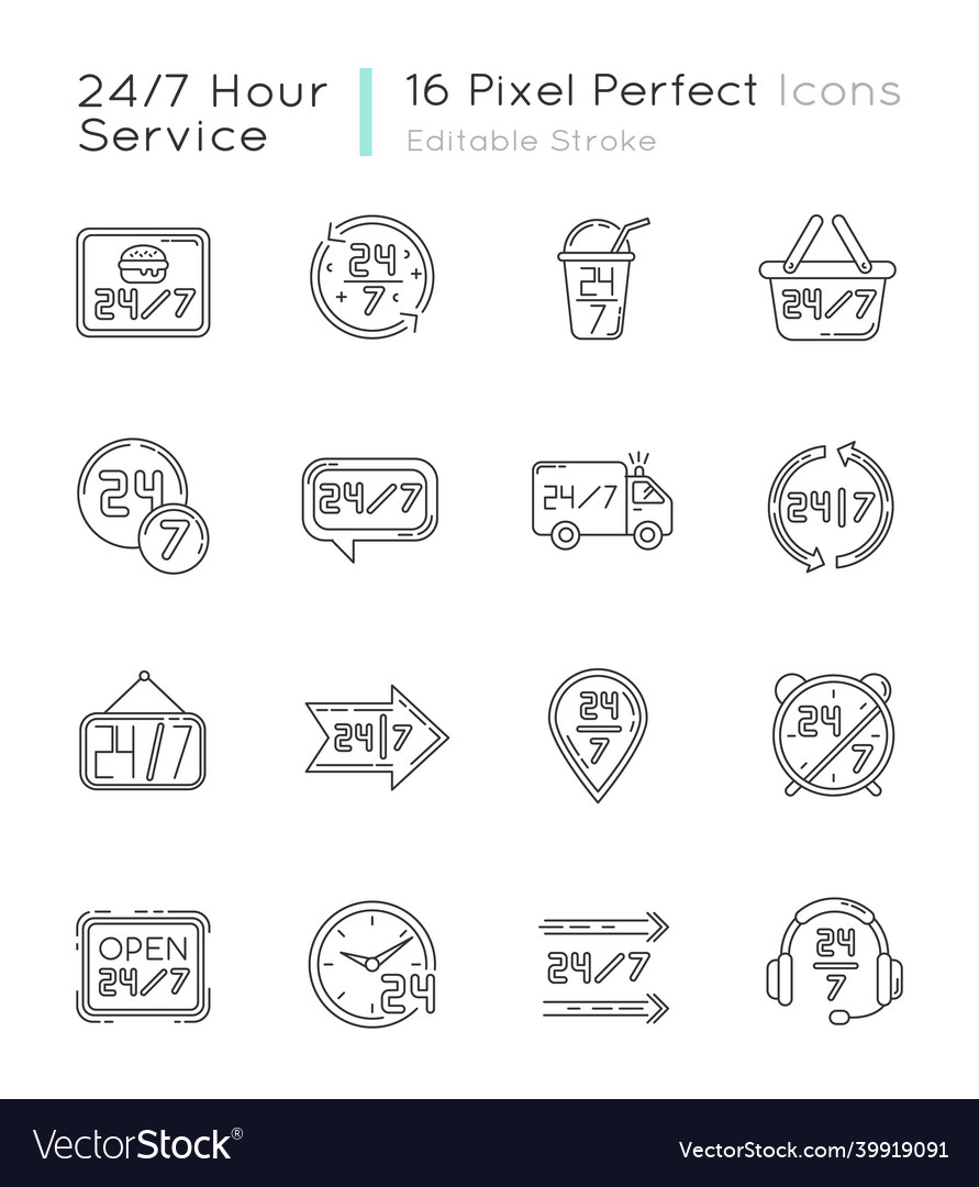 24 7 hour service pixel perfect linear icons set