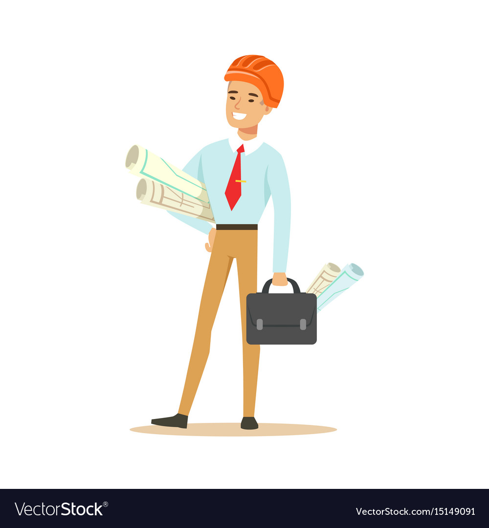 Smiling architect standing and holding project