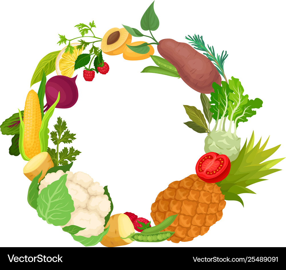 Wreath different vegetables and fruits Royalty Free Vector