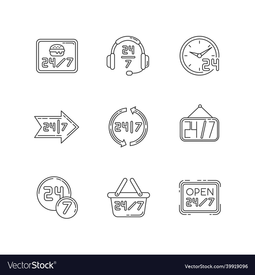 24 7 hour service pixel perfect linear icons set