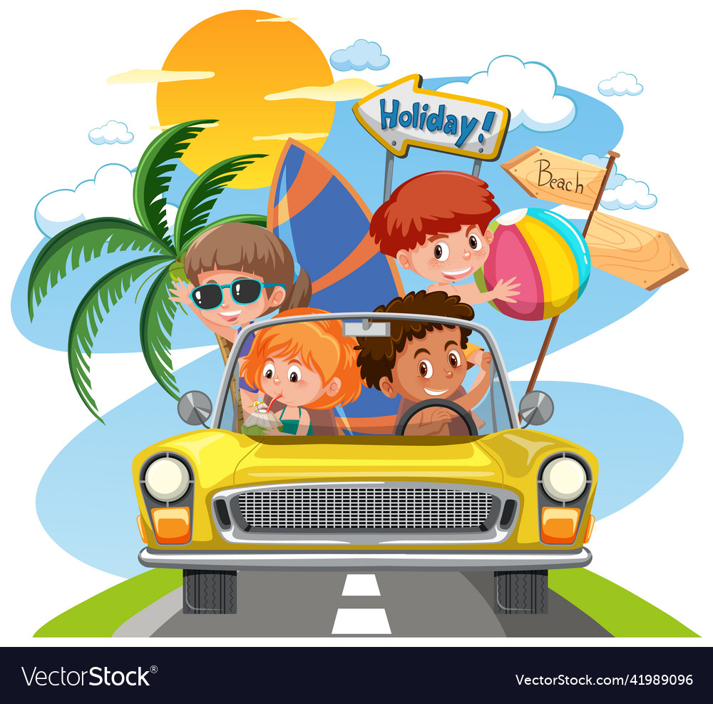 Children in classic car with holiday theme Vector Image