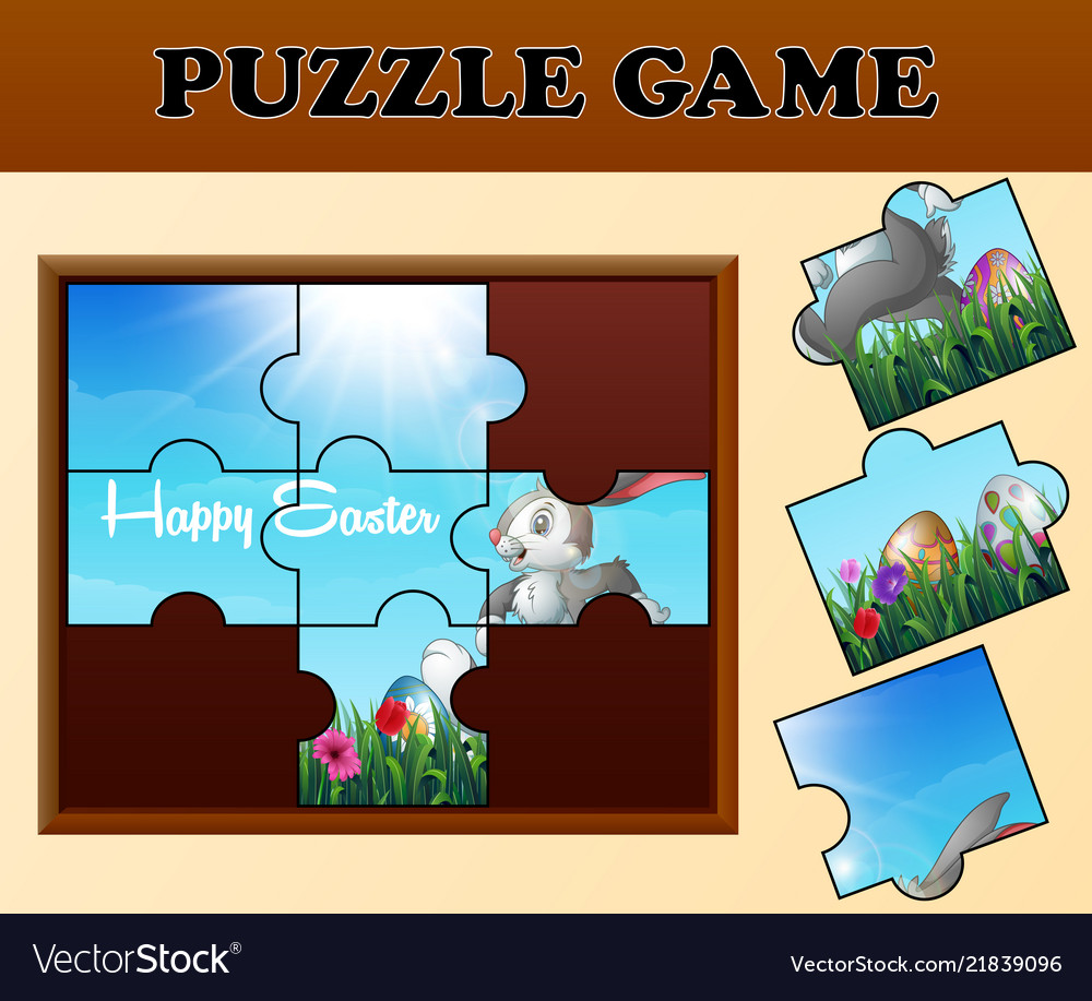 Jigsaw puzzle game with happy easter bunnies Vector Image