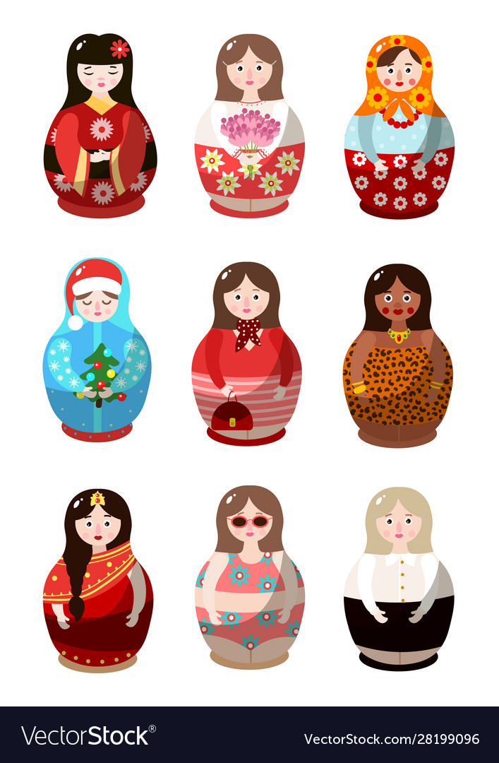 Set nesting dolls in colorful costumes Royalty Free Vector