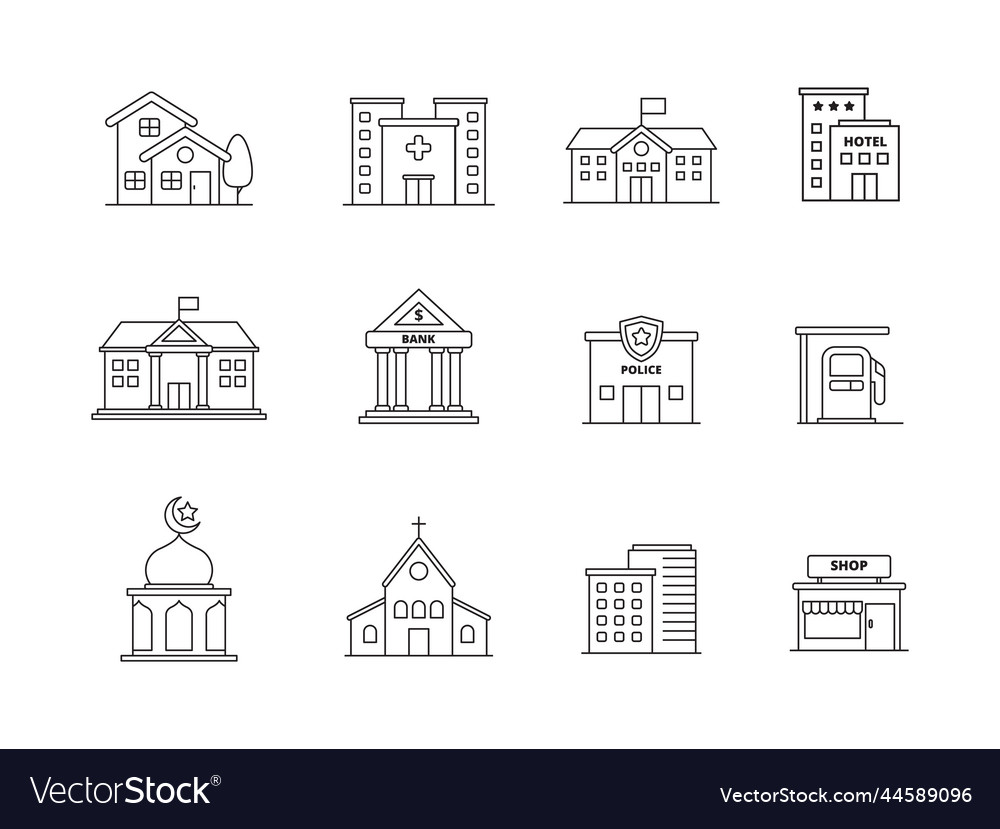 Set of building icons with linear style vector image Set of building icons with linear style