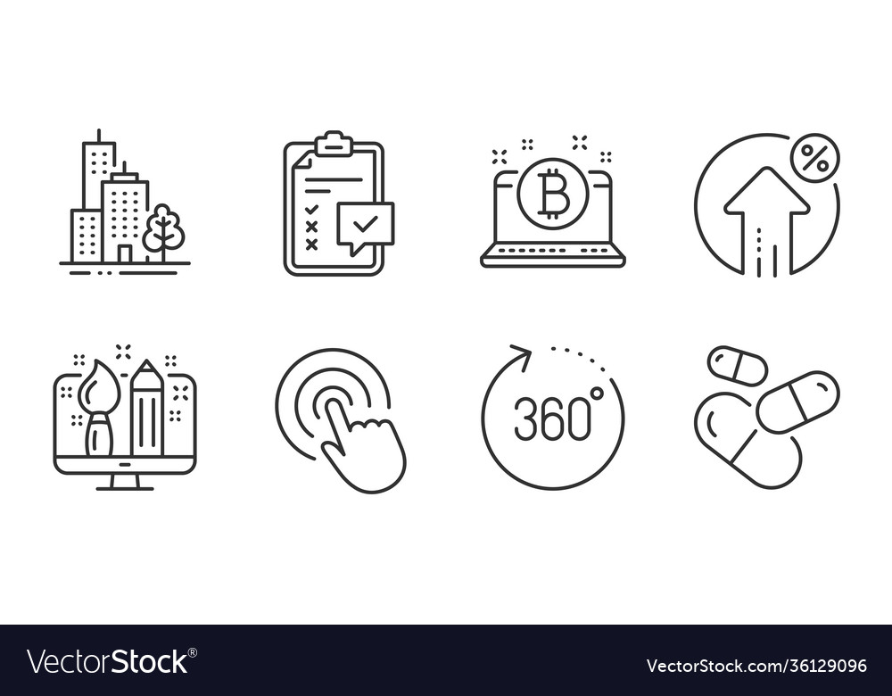 Skyscraper buildings click and bitcoin icons set vector image Skyscraper buildings click and bitcoin icons set