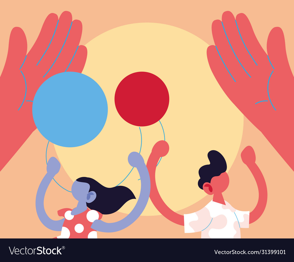 Girl and boy cartoon with balloons between hands Vector Image