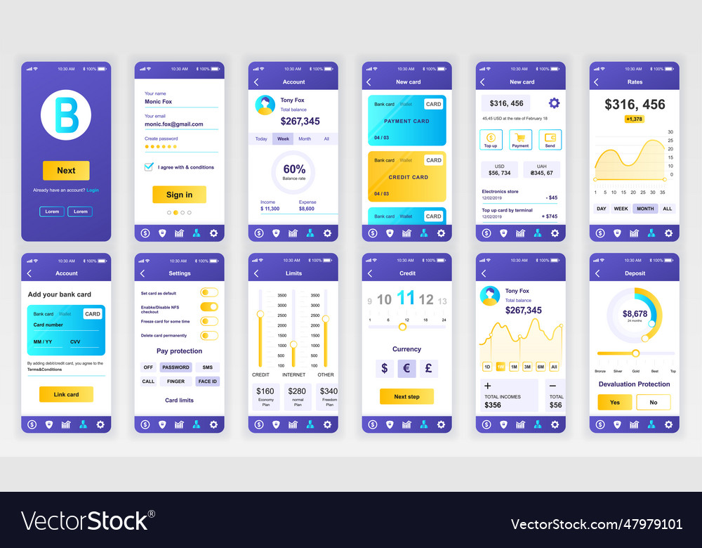 Set of ui ux gui screens banking app flat design