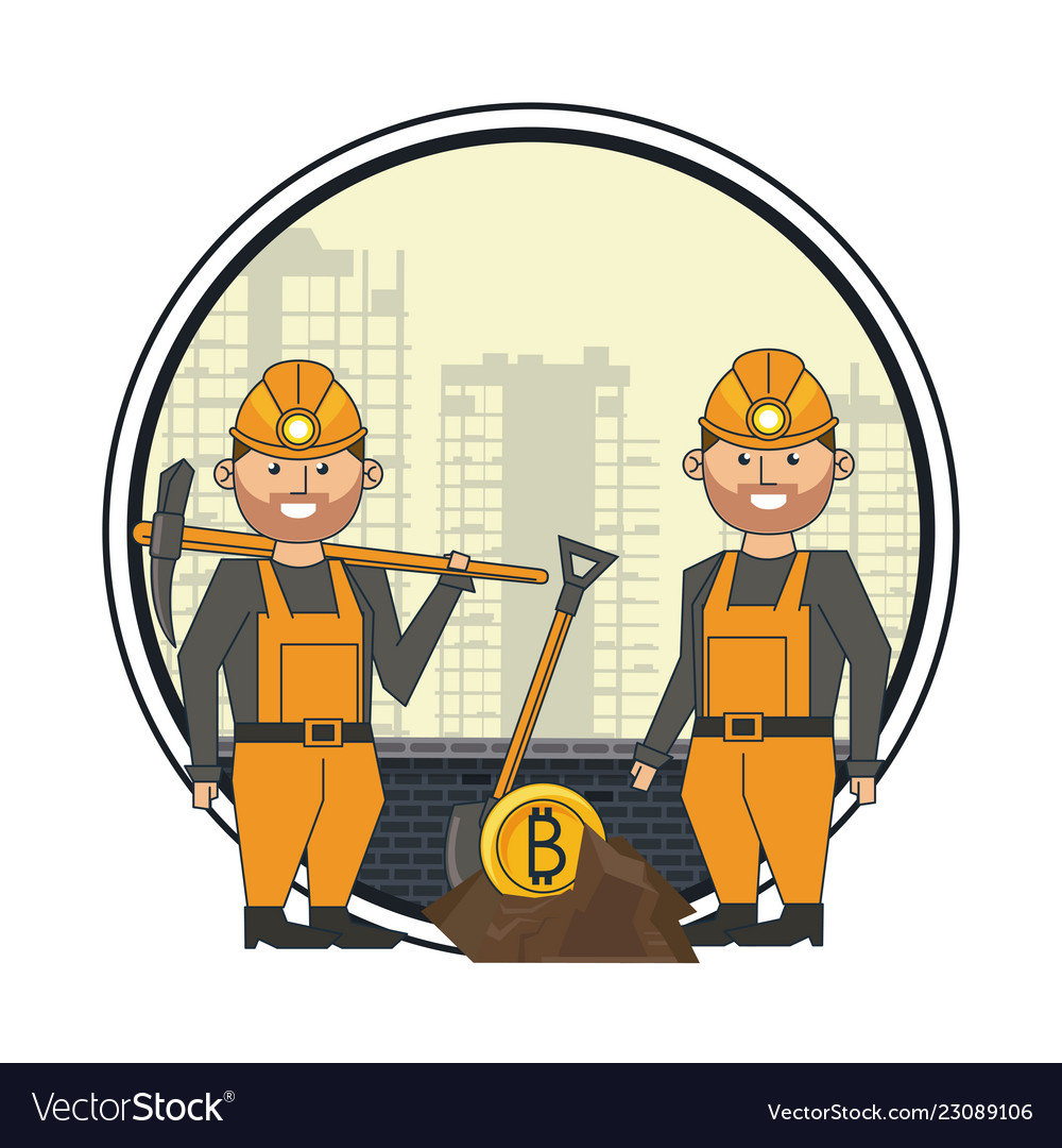 Bitcoin mining and workers with picks vector image Bitcoin mining and workers with picks
