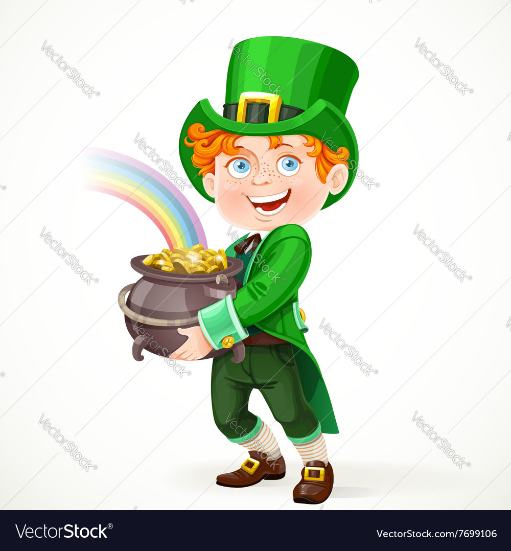 Cute boy in a leprechaun suit with pot full of Vector Image