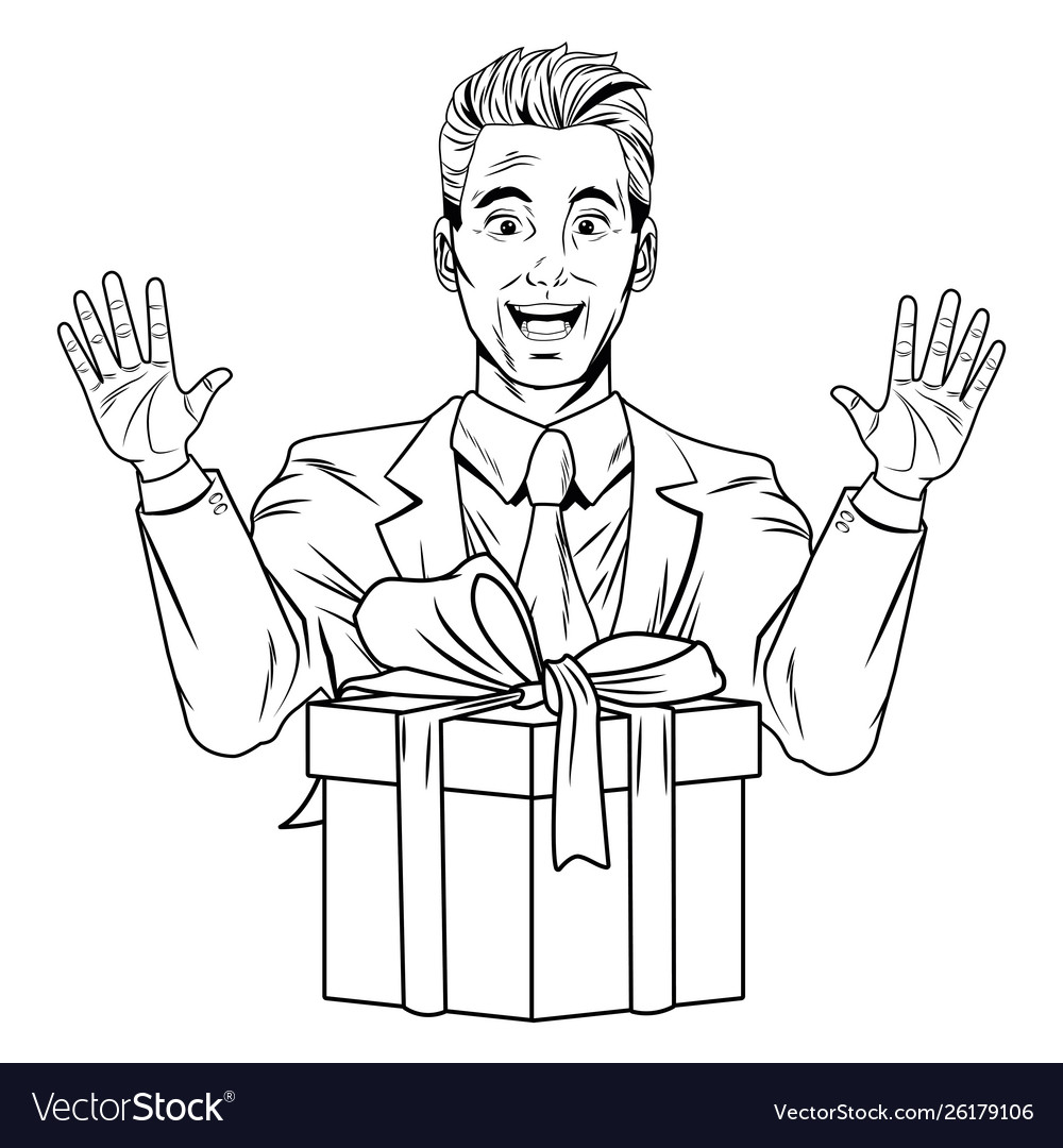 Man avatar with gift box in black and white pop