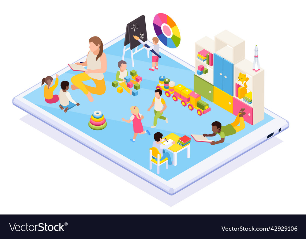 Online Kindergarten Isometric Composition Vector Image