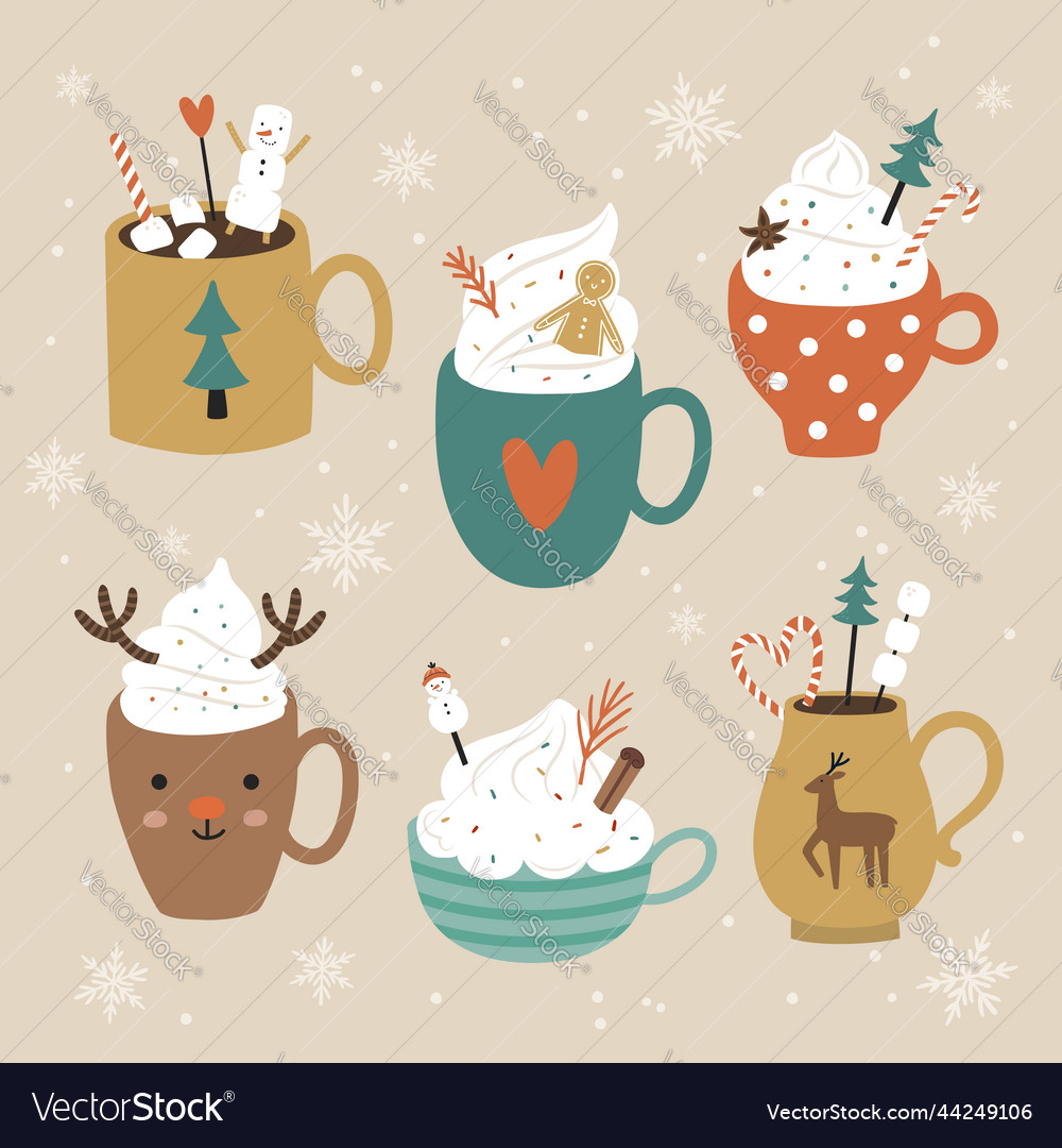 Set of cute christmas cocoa mugs Royalty Free Vector Image