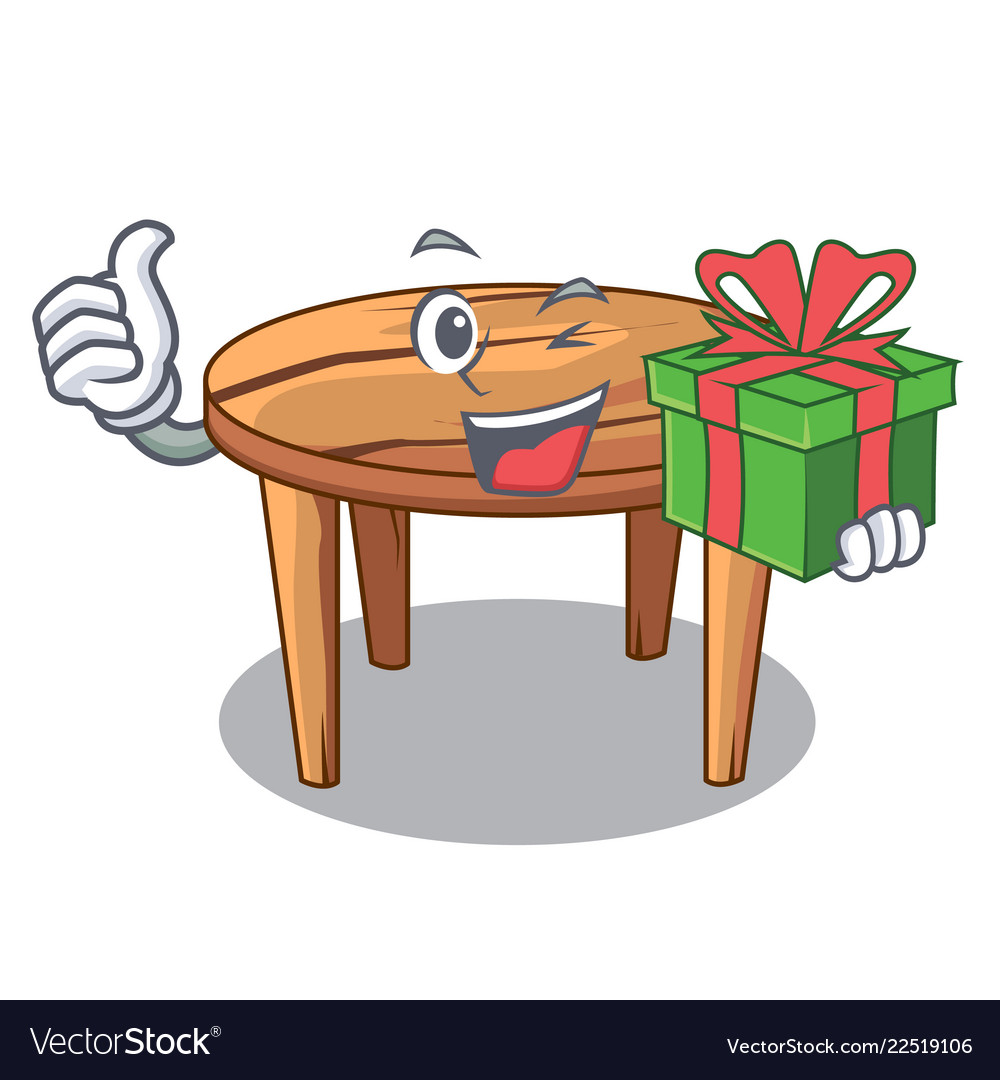 With gift cartoon wooden dining table in kitchen