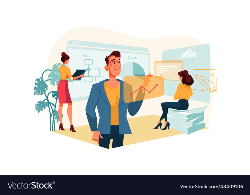 Workflow in a business office teamwork on project Vector Image Workflow in a business office teamwork on project