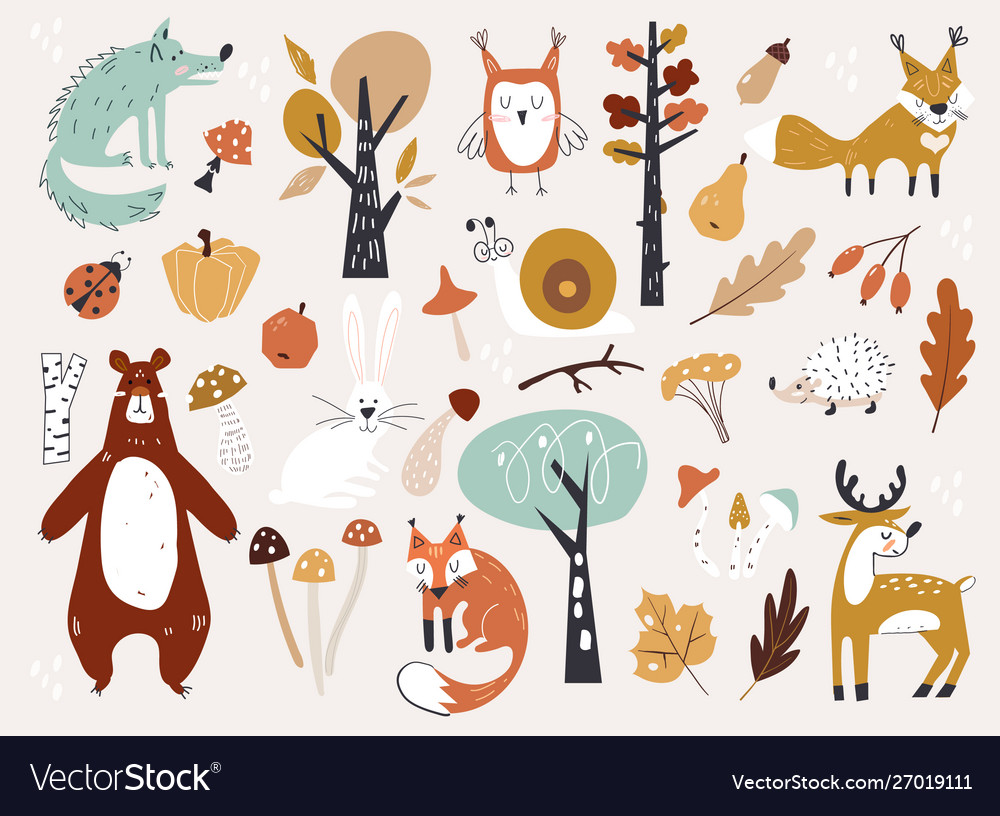 Cute autumn woodland animals and floral forest vector image Cute autumn woodland animals and floral forest