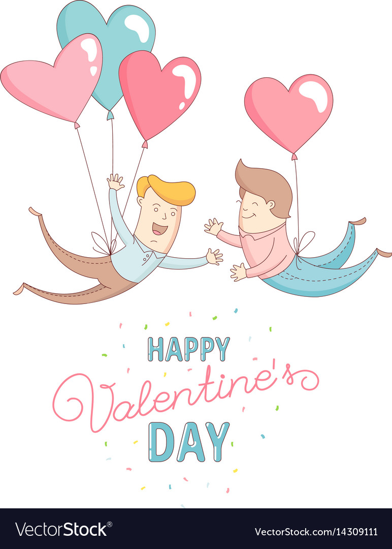 Gey men characters flying by heart balloons happy Vector Image