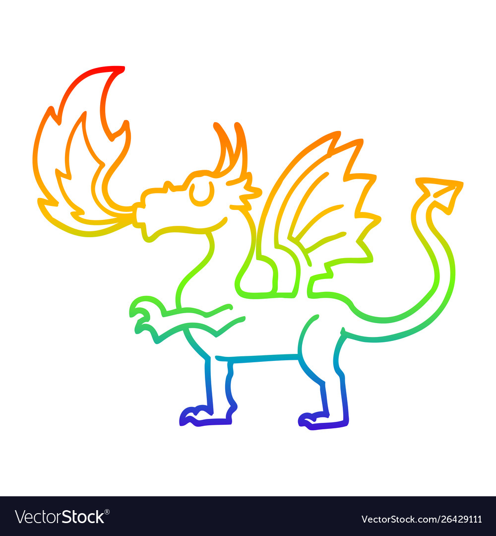 Rainbow gradient line drawing cartoon red dragon