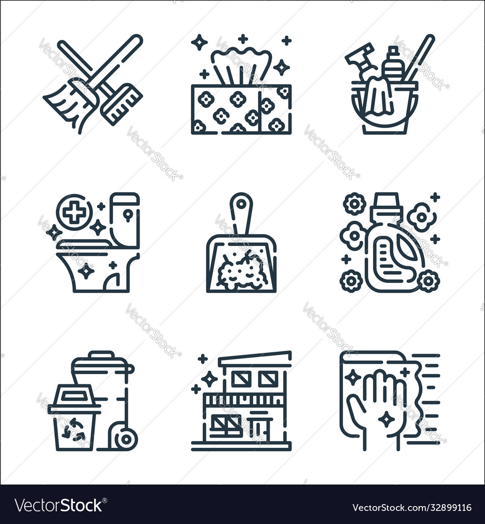 Cleaning line icons linear set quality vector image Cleaning line icons linear set quality