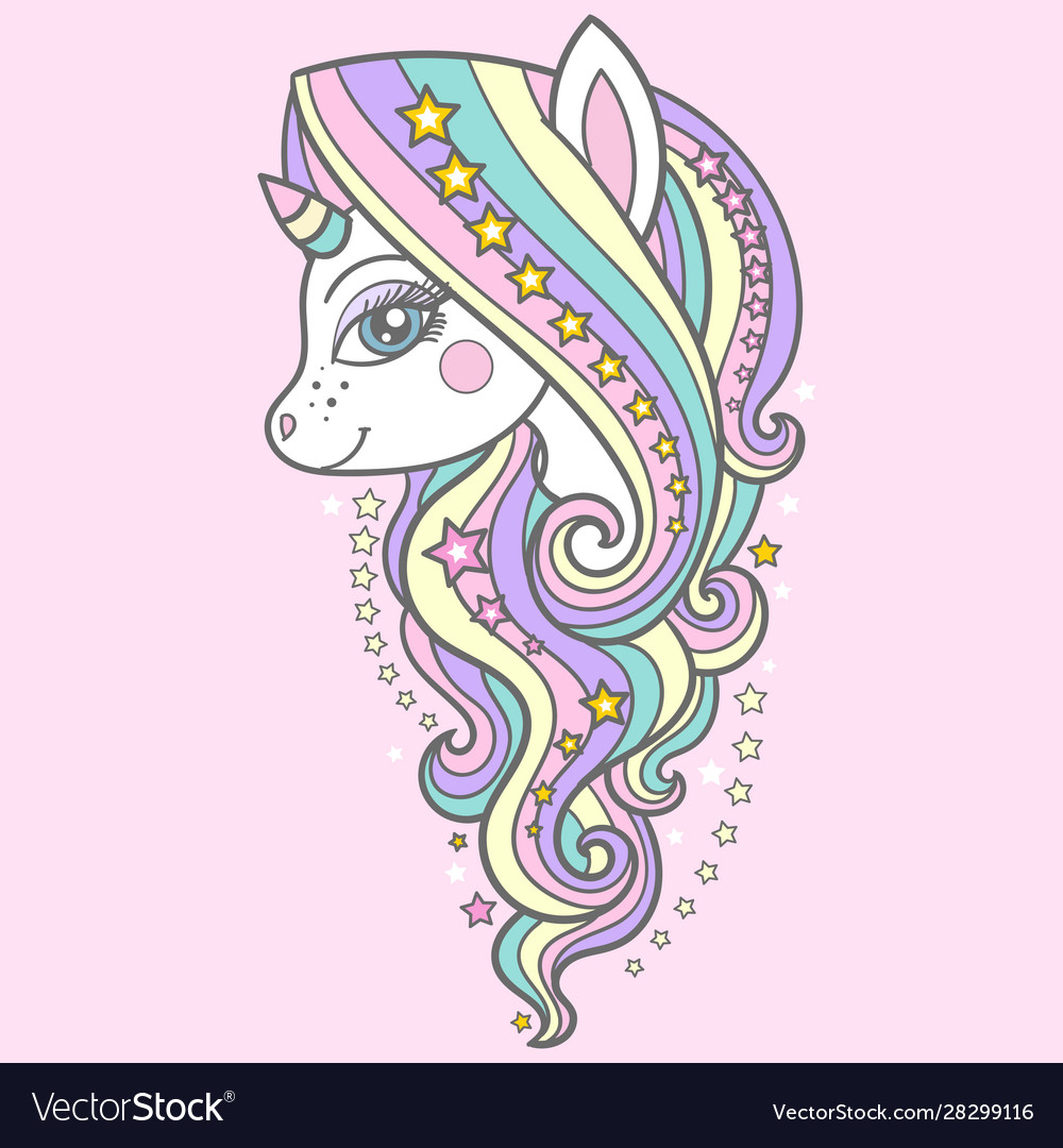 Cute unicorn with a long mane and stars on pink vector image Cute unicorn with a long mane and stars on pink