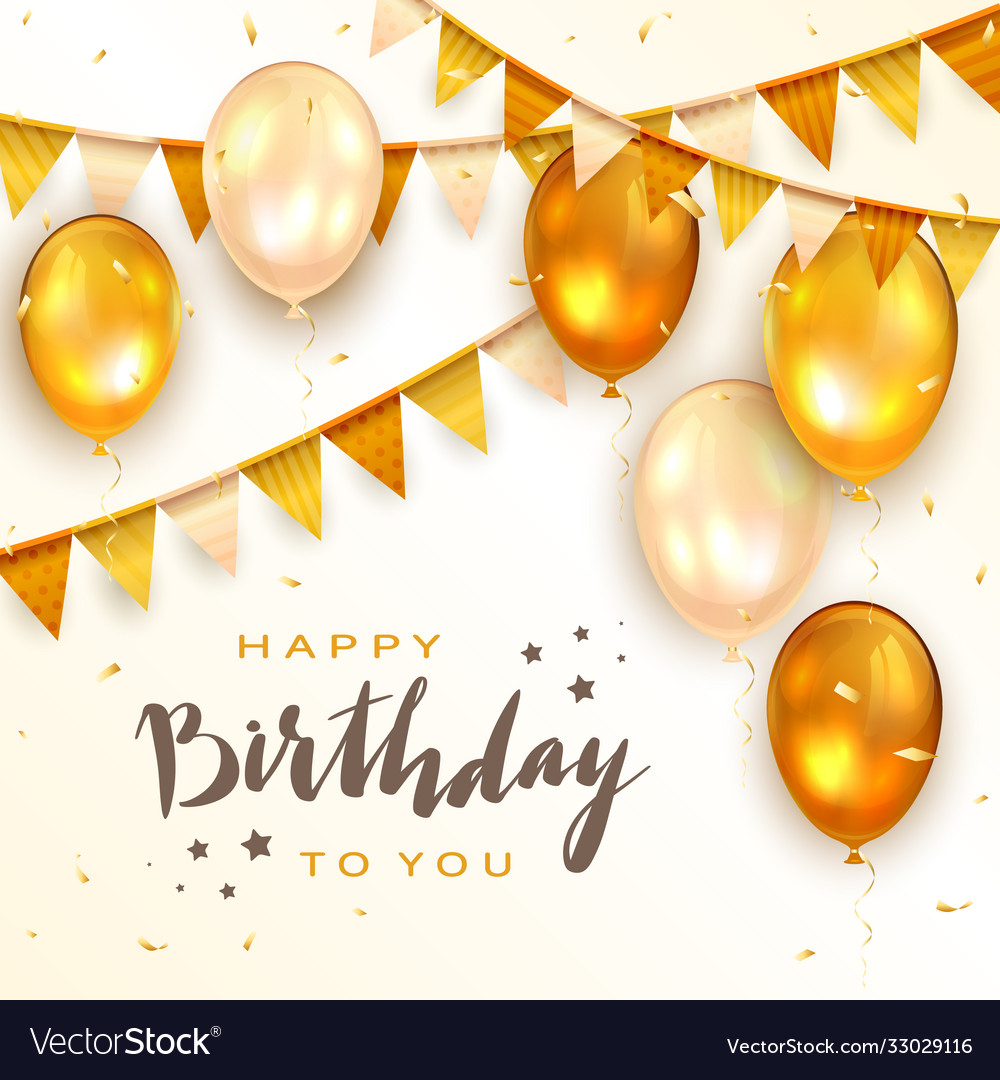 Golden birthday balloons and pennants on white vector image Golden birthday balloons and pennants on white