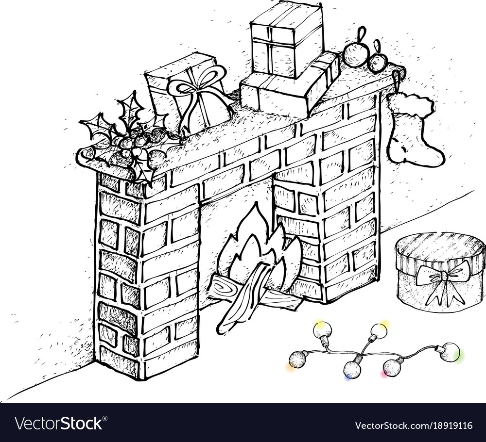 Hand Drawn Sketch Of Fireplace With Gift Boxes Vector Image