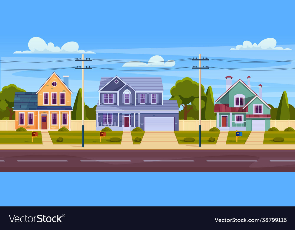 Rural cottages suburban street with buildings vector image Rural cottages suburban street with buildings